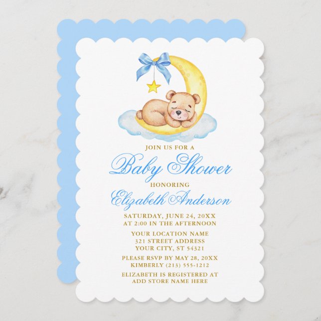 Invitation Aquarelle Teddy Bear Lune Baby shower or (Devant / Derrière)