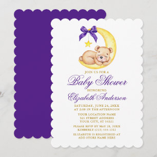 Invitation Aquarelle Teddy Bear Lune Purple Baby shower