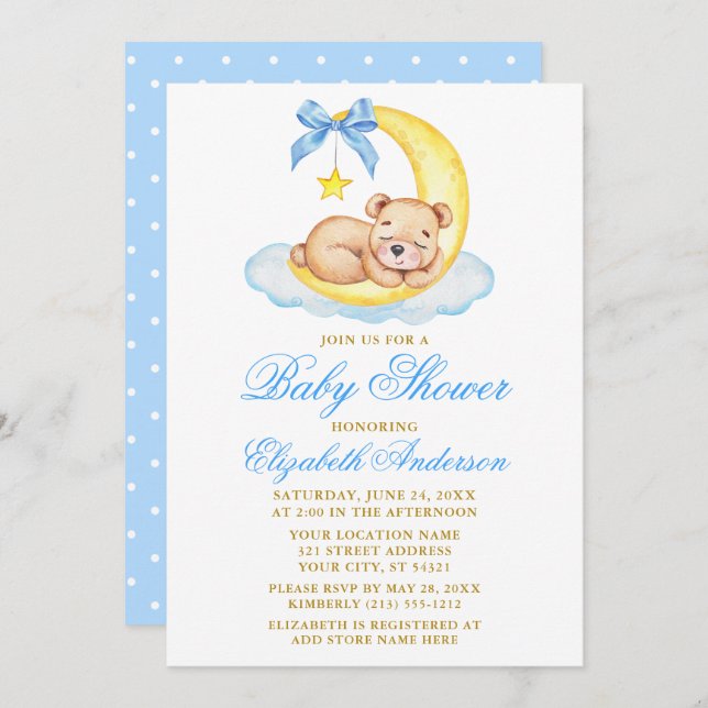 Invitation Aquarelle Teddy Bear Moon Blue Doses Baby shower (Devant / Derrière)