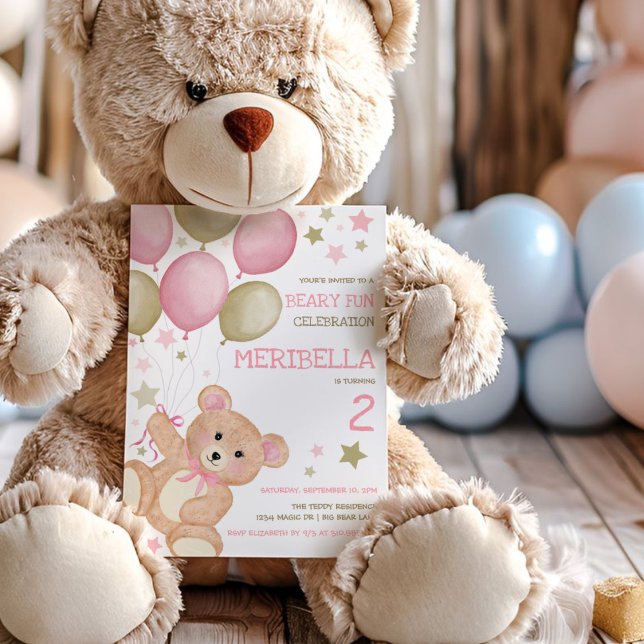 Invitation Aquarelle Teddy Bear Rose Gold Girls Anniversaire (Créateur téléchargé)