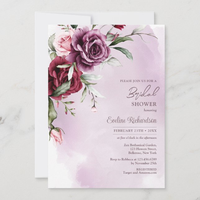 Invitation Aquarelle tendance boho mauve et roses bordeaux (Devant)