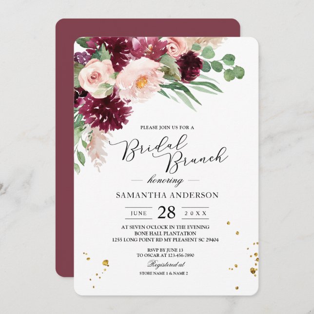 Invitation Aquarelle tendance Burgundy Blush Rose Floral  (Devant / Derrière)