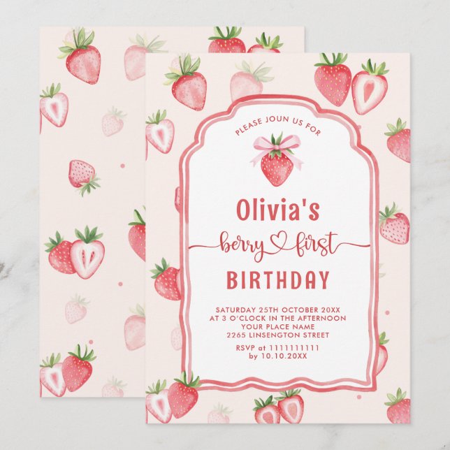 Invitation Aquarelle tendance fraise bébé premier anniversair (Devant / Derrière)