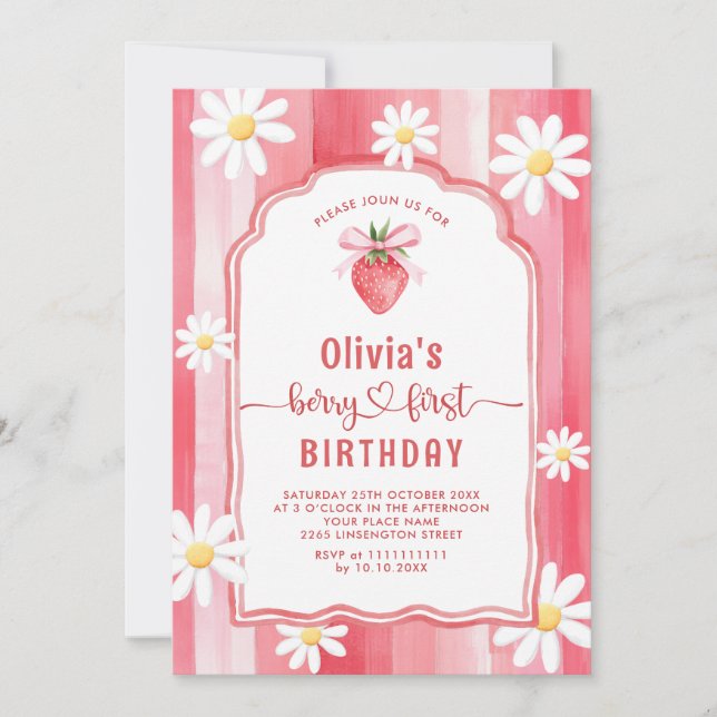 Invitation Aquarelle tendance fraise bébé premier anniversair (Devant)