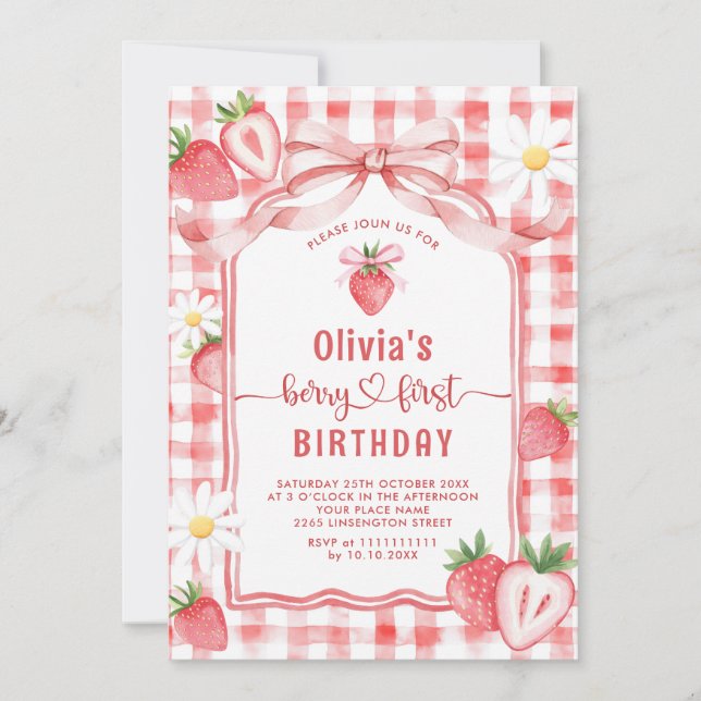 Invitation Aquarelle tendance fraise bébé premier anniversair (Devant)