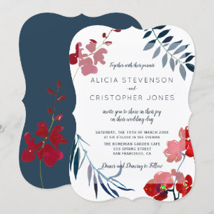 Invitation Aquarelle tendance rouge et mariage floral marine