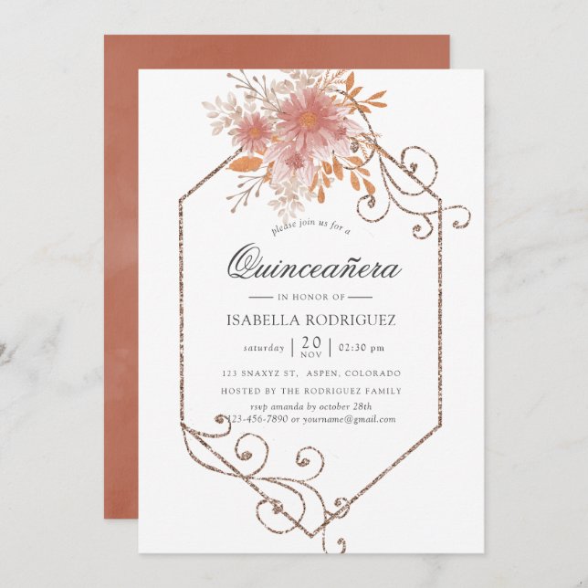 Invitation Aquarelle Terracotta géométrique Quinceañera (Devant / Derrière)