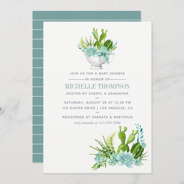 Invitation Aquarelle Terrarium en verre Baby shower de succul (Devant / Derrière)
