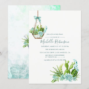 Invitation Aquarelle Terrarium en verre Baby shower de succul
