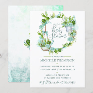 Invitation Aquarelle Terrarium en verre Baby shower de succul