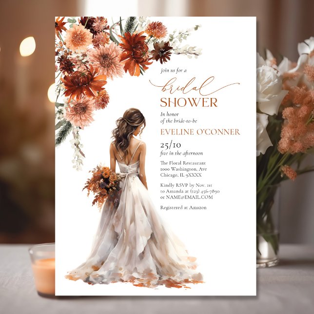 Invitation Aquarelle terre cuite automne fleurs mariage (Watercolor terracotta fall flowers wedding gown invitation)