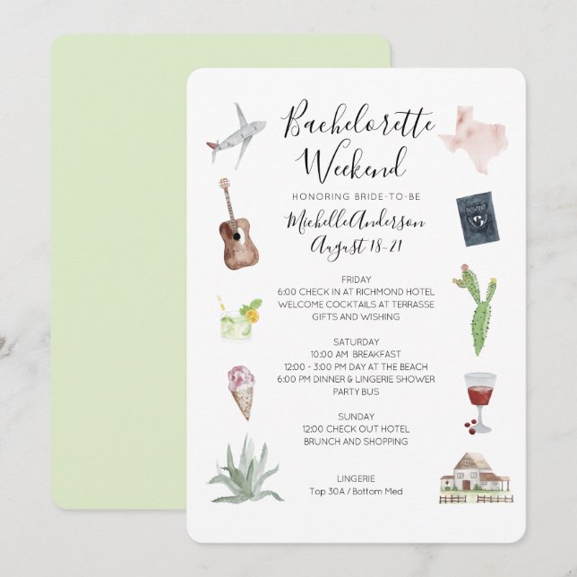 Invitation Aquarelle Texas Bachelorette Heekend Itinéraire (Devant / Derrière)