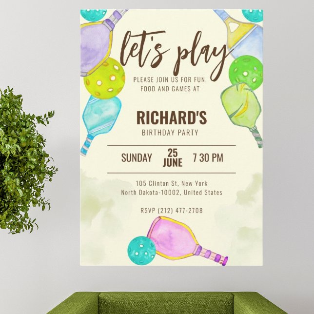 Invitation Aquarelle Thème Pickleball Fête d'anniversaire (Créateur téléchargé)