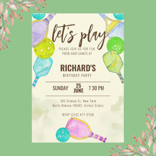 Invitation Aquarelle Thème Pickleball Fête d'anniversaire