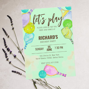 Invitation Aquarelle Thème Pickleball Green Anniversaire