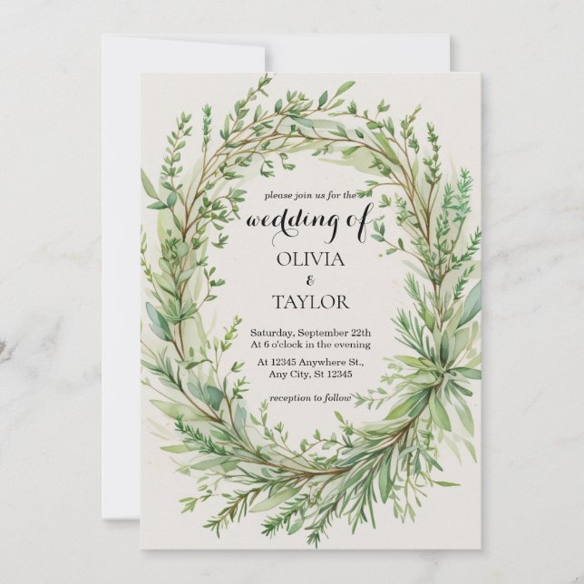 Invitation Aquarelle Thyme Rosemary Sprig Wreath Mariage (Devant)
