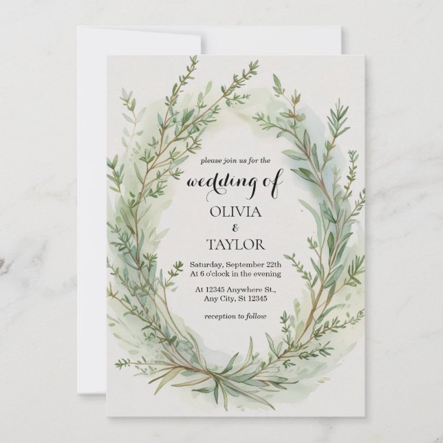 Invitation Aquarelle Thyme Rosemary Sprig Wreath Mariage (Devant)