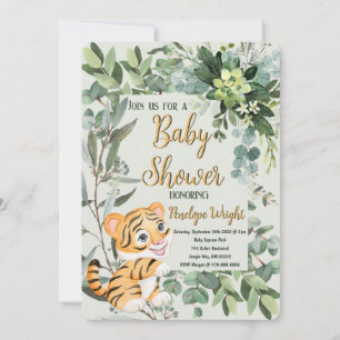 Invitation Aquarelle Tiger Cub Baby shower vert clair
