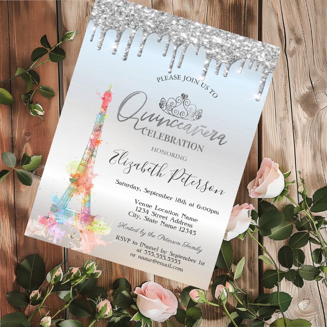 Invitation Aquarelle Tour Eiffel, Dérivés en argent Quinceañe (Créateur téléchargé)