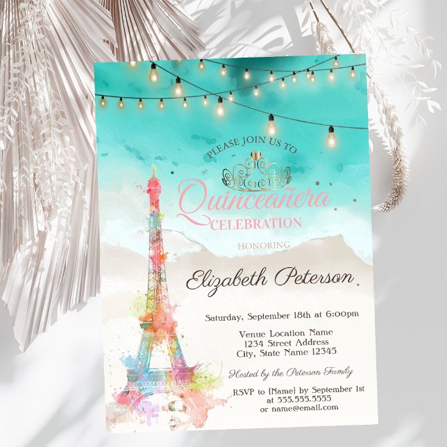 Invitation Aquarelle Tour Eiffel, Plage Tiara Quinceañera (Créateur téléchargé)