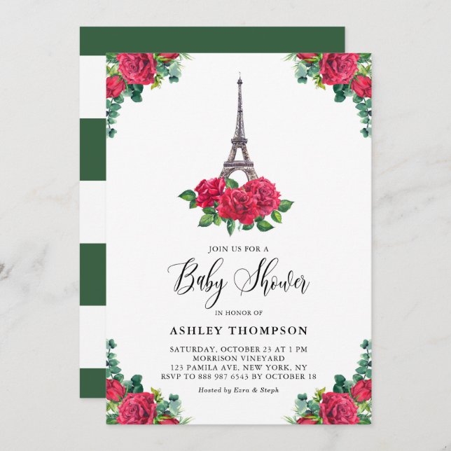 Invitation Aquarelle Tour Eiffel Rose rouge Baby shower Paris (Devant / Derrière)