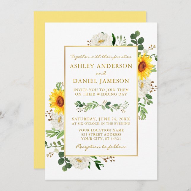 Invitation Aquarelle tournesol blanc Floral Mariage or (Devant / Derrière)