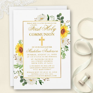 Invitation Aquarelle Tournesol Blanc Floral Première communio