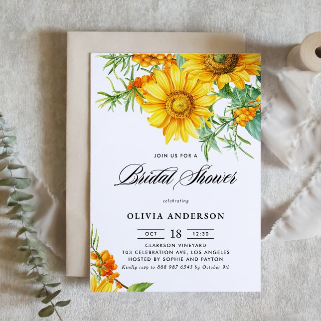 Invitation Aquarelle Tournesol et Fête des mariées d'épine de (Botanical bridal shower invitation featuring illustrations of yellow sunflower and sea buckthorn.)