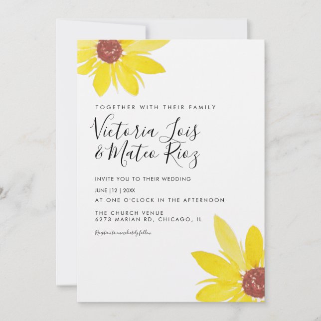 Invitation Aquarelle Tournesol Fleur sauvage Mariage rustique (Devant)