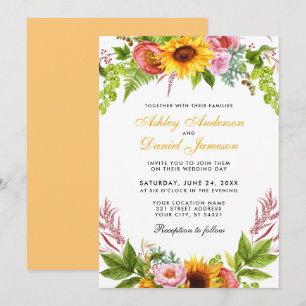 Invitation Aquarelle Tournesol Floral Jaune doré Mariage