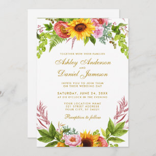 Invitation Aquarelle Tournesol Floral Photo Mariage Or