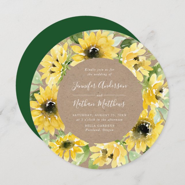 Invitation Aquarelle Tournesol Floral Wreath Russe Mariage (Devant / Derrière)