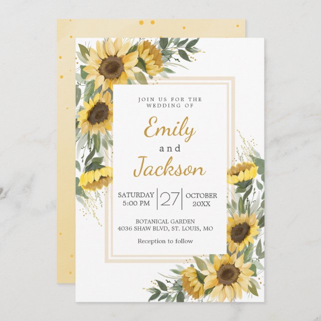 Invitation Aquarelle tournesol Mariage de verdure (Devant / Derrière)