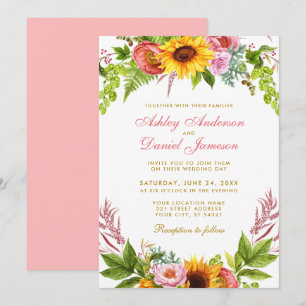 Invitation Aquarelle Tournesol Mariage Floral Or rose