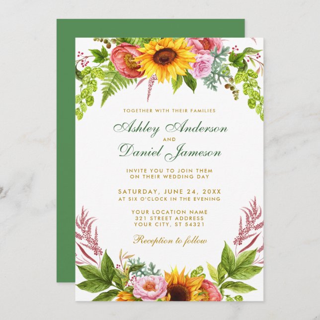 Invitation Aquarelle Tournesol Mariage Floral Or Vert (Devant / Derrière)