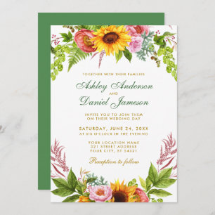 Invitation Aquarelle Tournesol Mariage Floral Or Vert