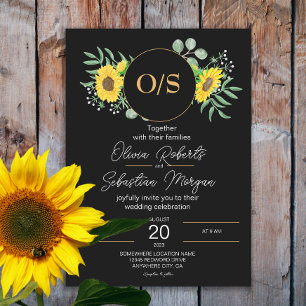 Invitation Aquarelle tournesol Monogramme Mariage noir