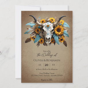 Invitation Aquarelle Tournesol Plumes Vache Mariage crâne