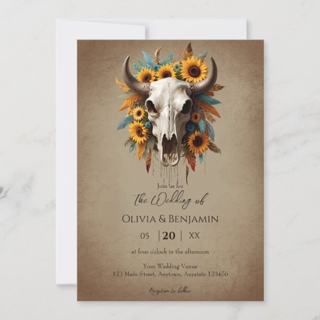 Invitation Aquarelle Tournesol Plumes Vache Mariage crâne (Devant)