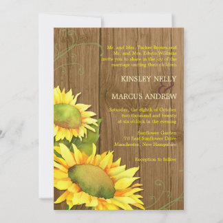 Invitation Aquarelle tournesols et Mariage de grains de bois
