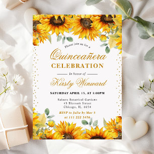Invitation Aquarelle Tournesols et Paillettes d'Or Quinceaner