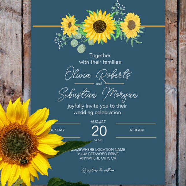 Invitation Aquarelle tournesols Mariage bleu marine (Créateur téléchargé)