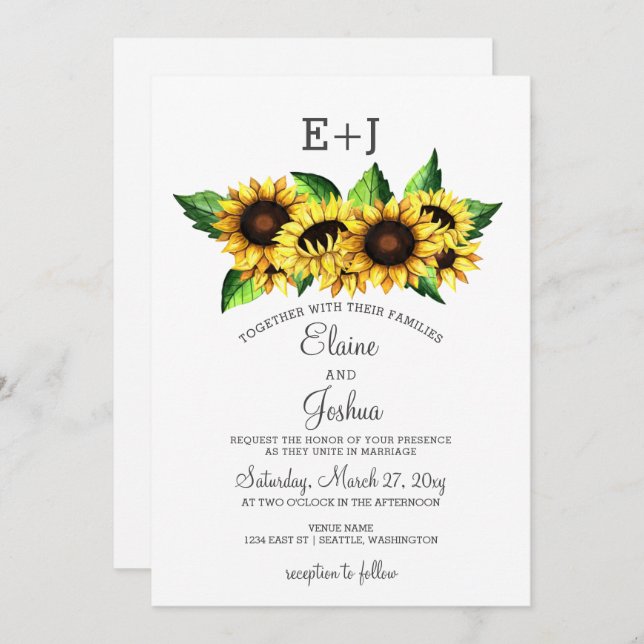 Invitation Aquarelle Tournesols Pays Mariage rustique (Devant / Derrière)
