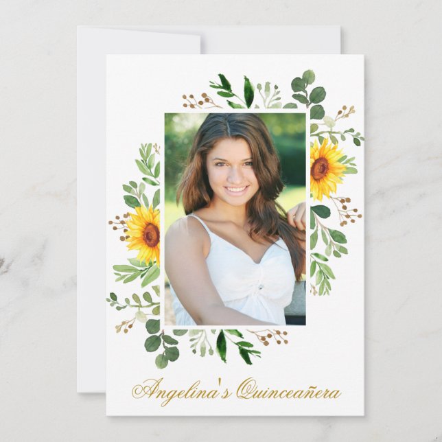 Invitation Aquarelle Tournesols Vert Photo Quinceanera (Devant)