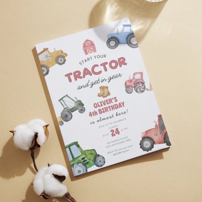 Invitation Aquarelle tracteur 4e anniversaire (Créateur téléchargé)