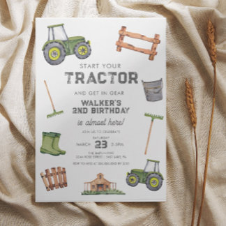 Invitation Aquarelle Tracteur vert 2e anniversaire