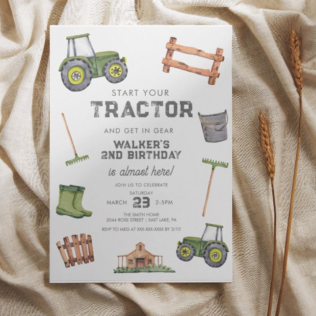 Invitation Aquarelle Tracteur vert 2e anniversaire (Créateur téléchargé)