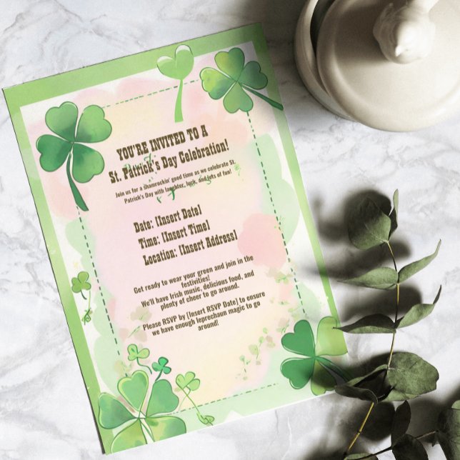 Invitation Aquarelle Trèfle à quatre feuilles Shamrock Saint- (Watercolor Four Leaf Clove Shamrock St. Patrick's Invitation
)