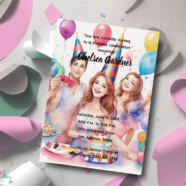 Invitation Aquarelle Trois Jeunes Fêtant Anniversaire (Créateur téléchargé)