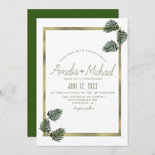Invitation Aquarelle Tropical Botanical Foil Palm Mariage (Devant / Derrière)